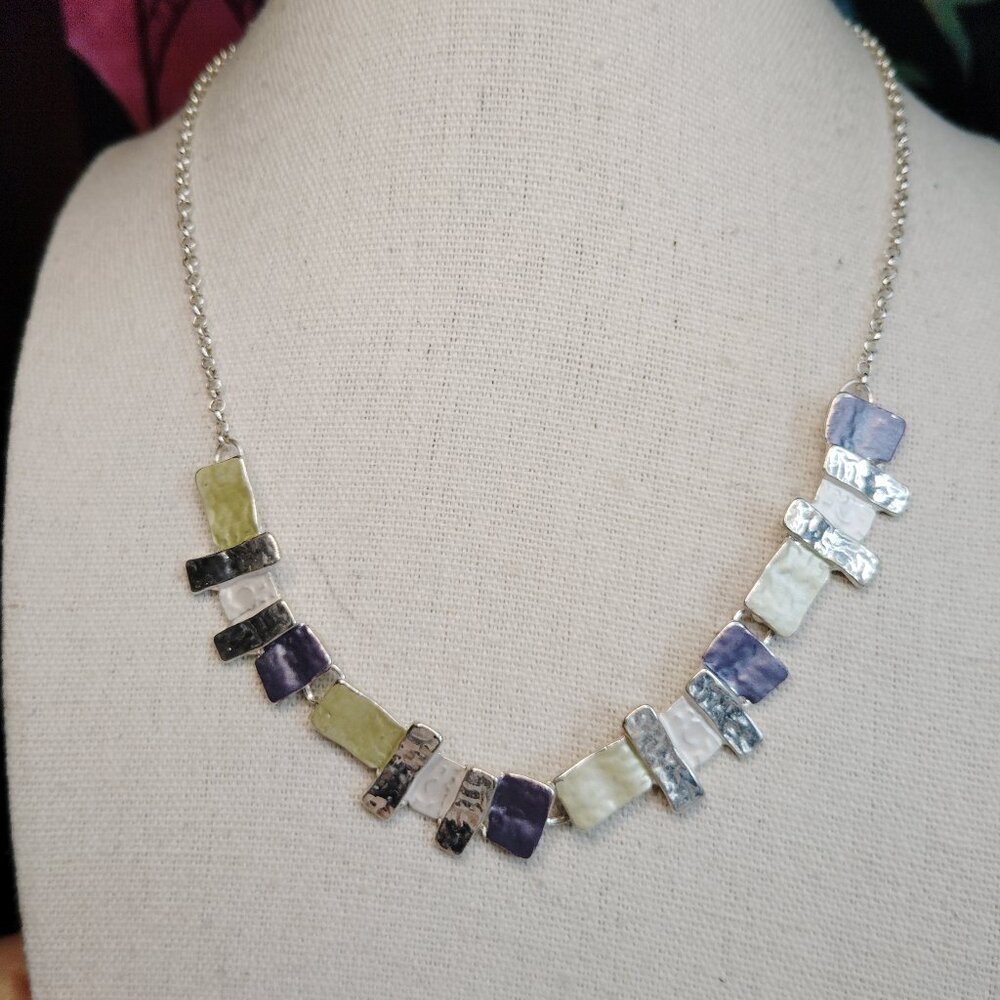 Colored Tiles Statement Necklace KN11185 Silver Lavender Mint 17 Inch Chain